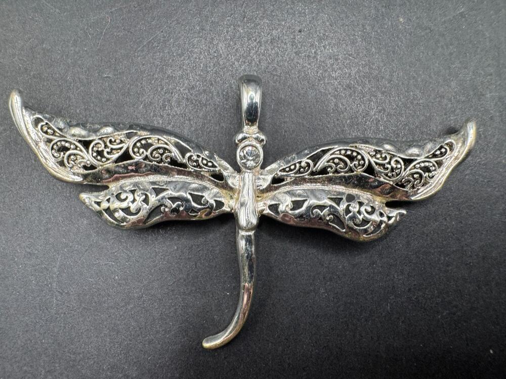 Vintage Large Clear Rhinestone Filigree Dragonfly Pendant Silver Tone